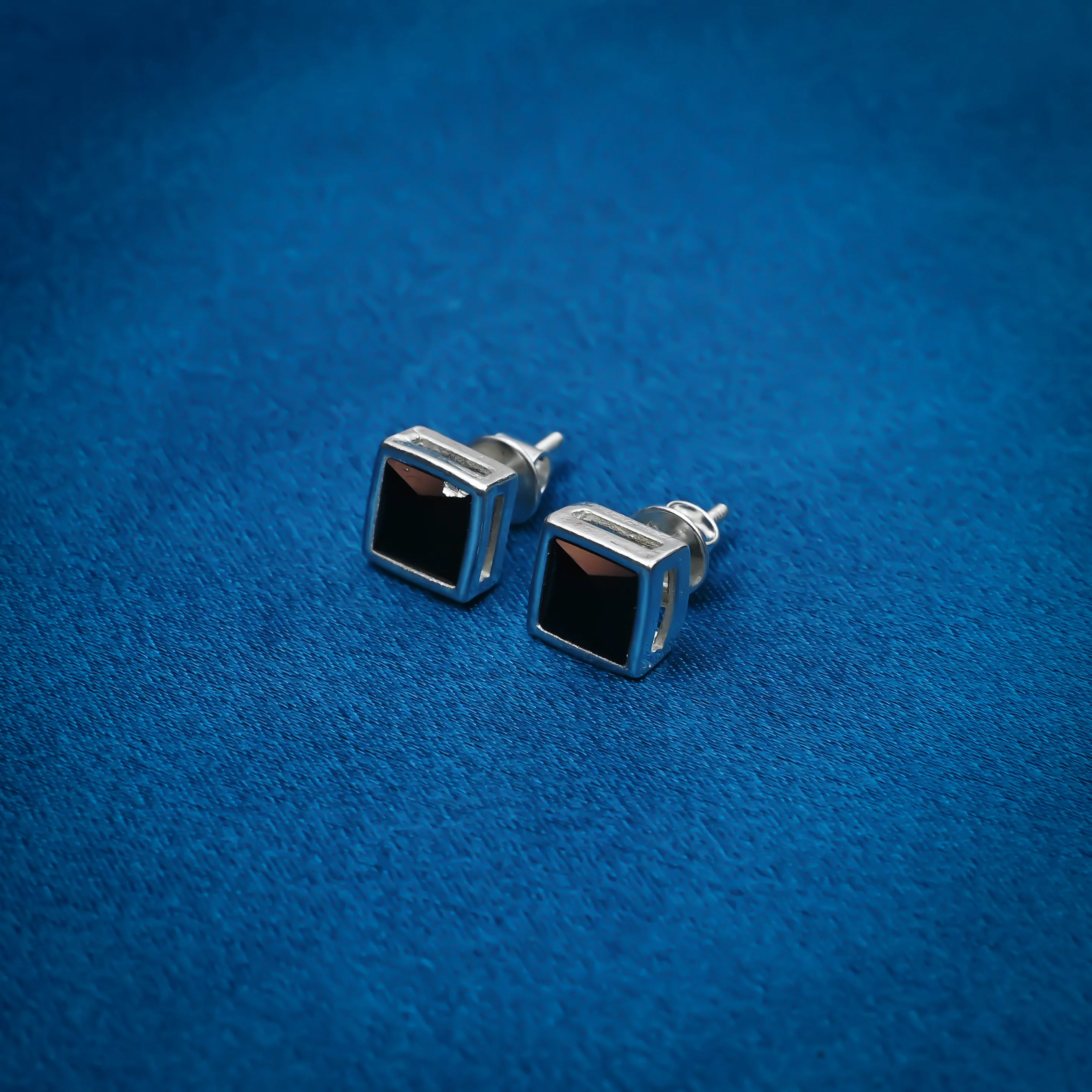 Minimalist Silver Stud Earrings with Square Black Stone