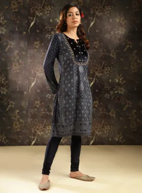 Navy Blue Printed Woolen Kurta with Velvet Yoke