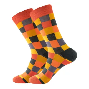 Orange and Brown Square Checkered Pattern Socks (Adult Large - Men's Shoe Sizes 8-12)