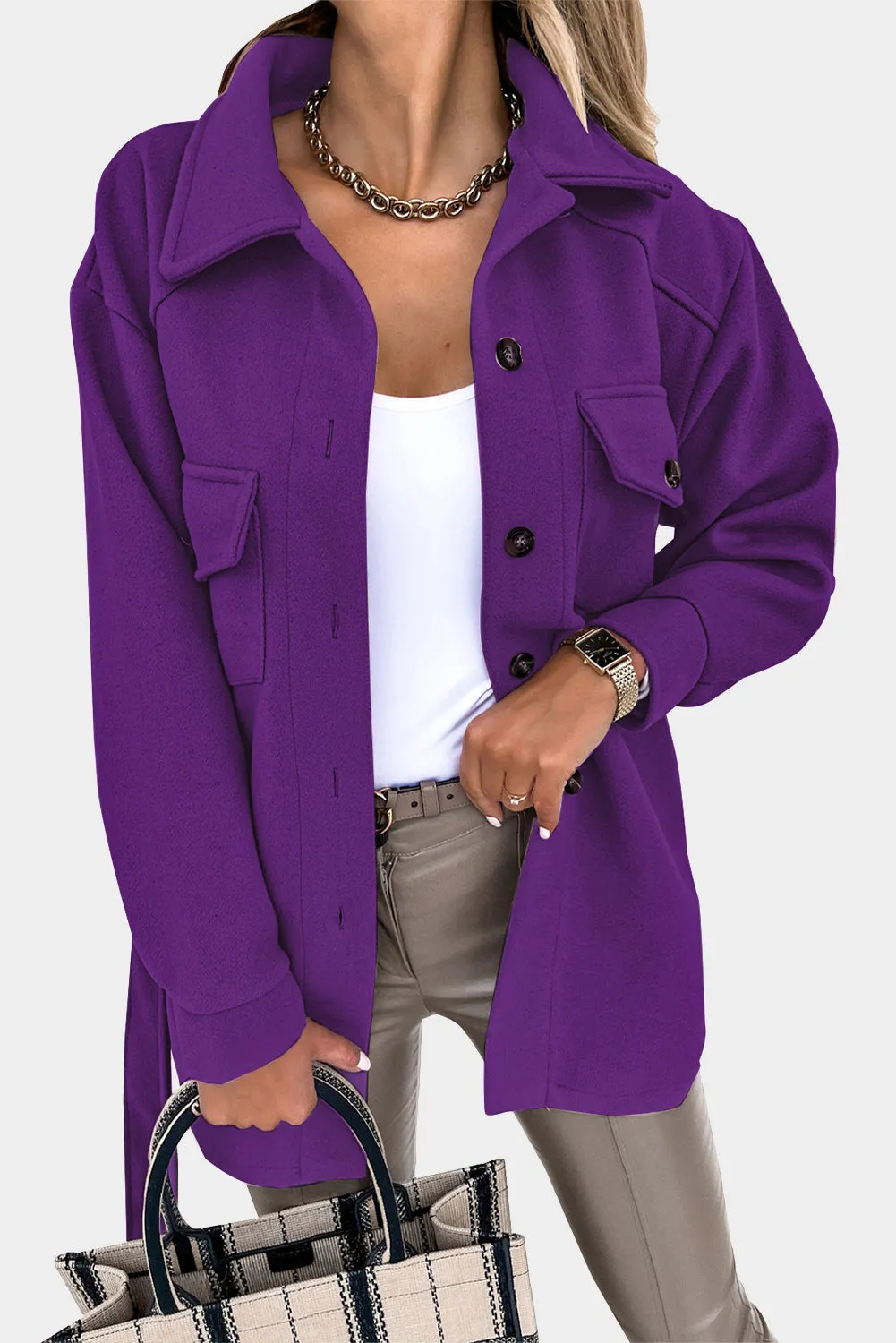 Purple Lapel Button-Down Coat with Chest Pockets