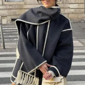 Stylish woolen coat with scarf and tassels