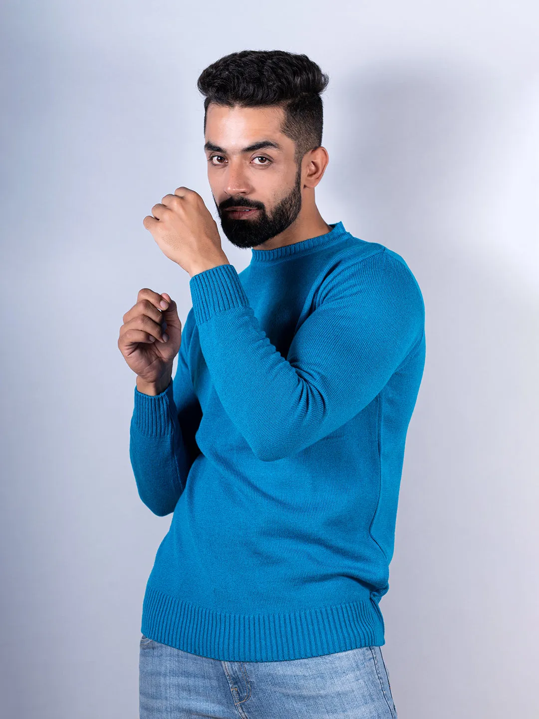 Teal Blue Color Crew Neck Sweater