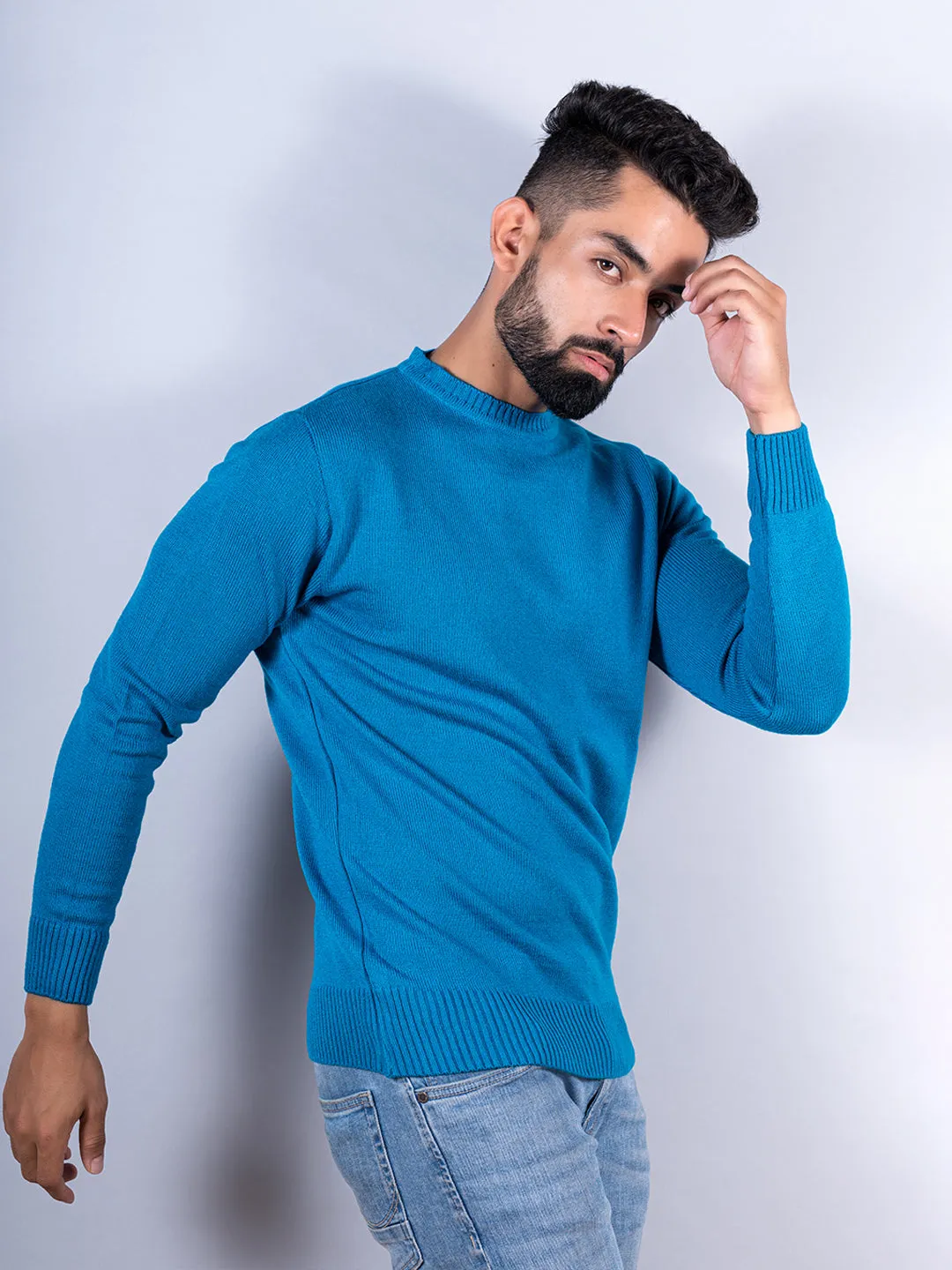 Teal Blue Color Crew Neck Sweater