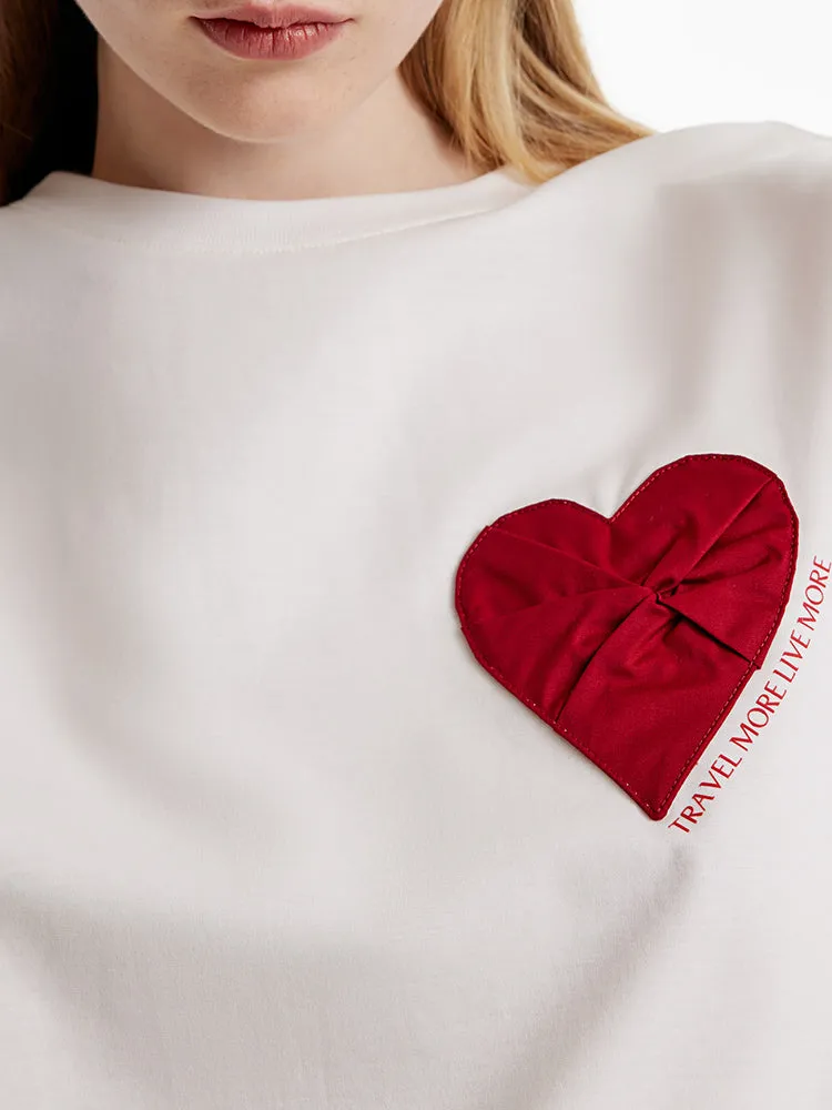 White Basic Heart Print T-Shirt