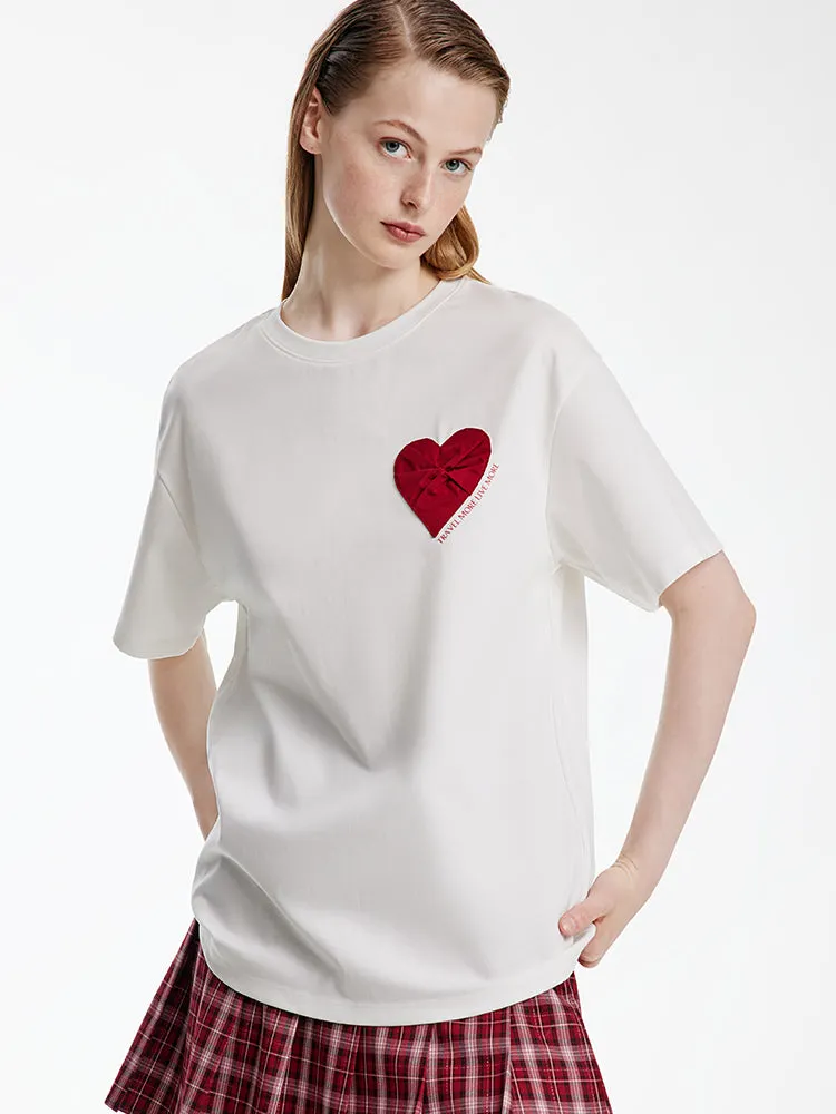 White Basic Heart Print T-Shirt