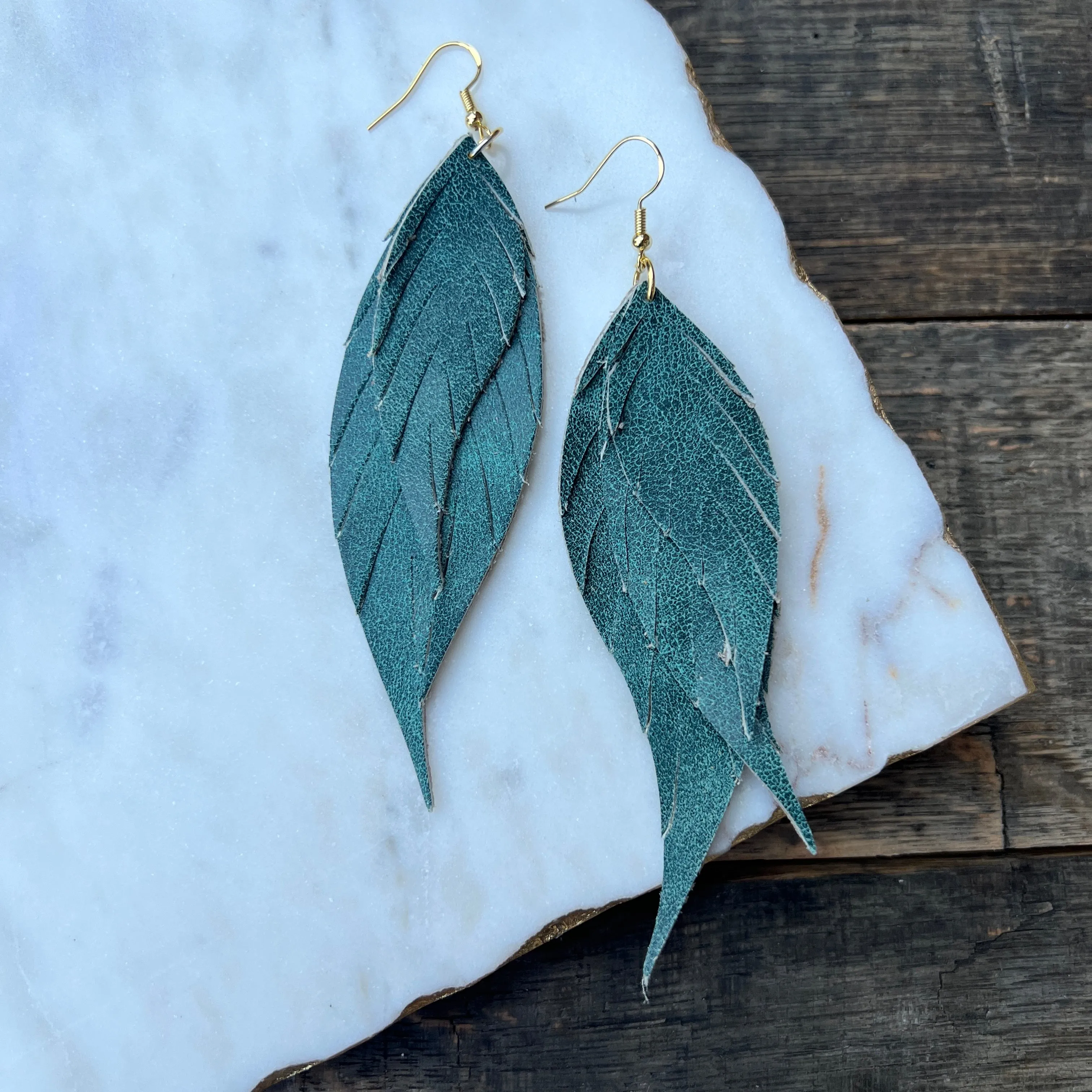 Wings of an Angel - Leather Earrings - Distressed Teal