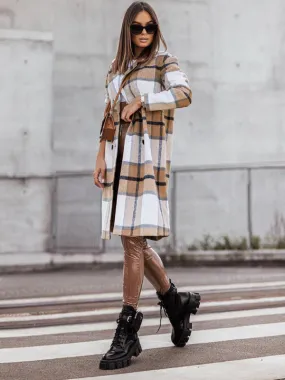 Women's Mid Length Double Breasted Plaid Print Woolen Coat