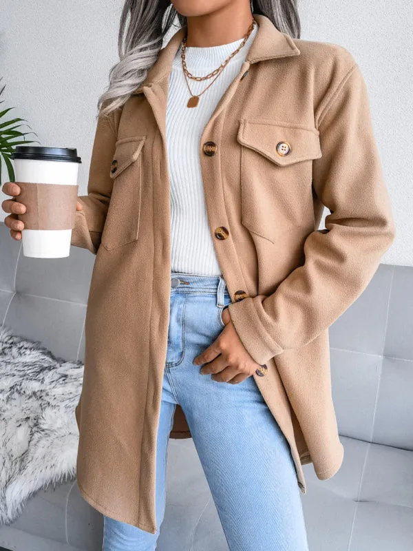 Women's Single Breasted Woolen Button Up Coat With Belt