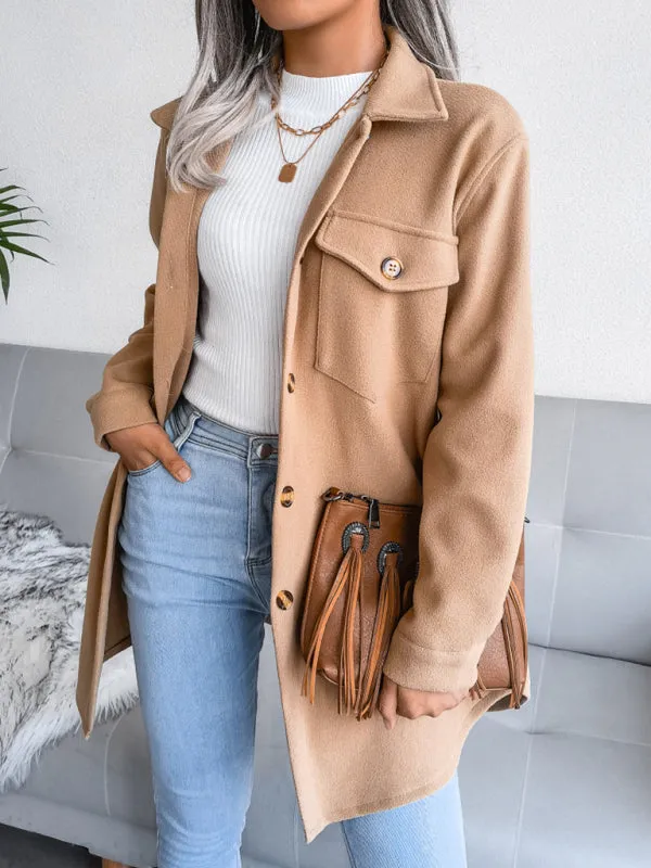 Women's Single Breasted Woolen Button Up Coat With Belt