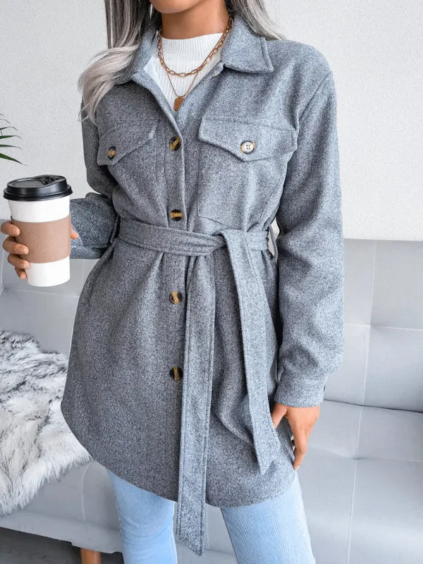 Women's Single Breasted Woolen Button Up Coat With Belt